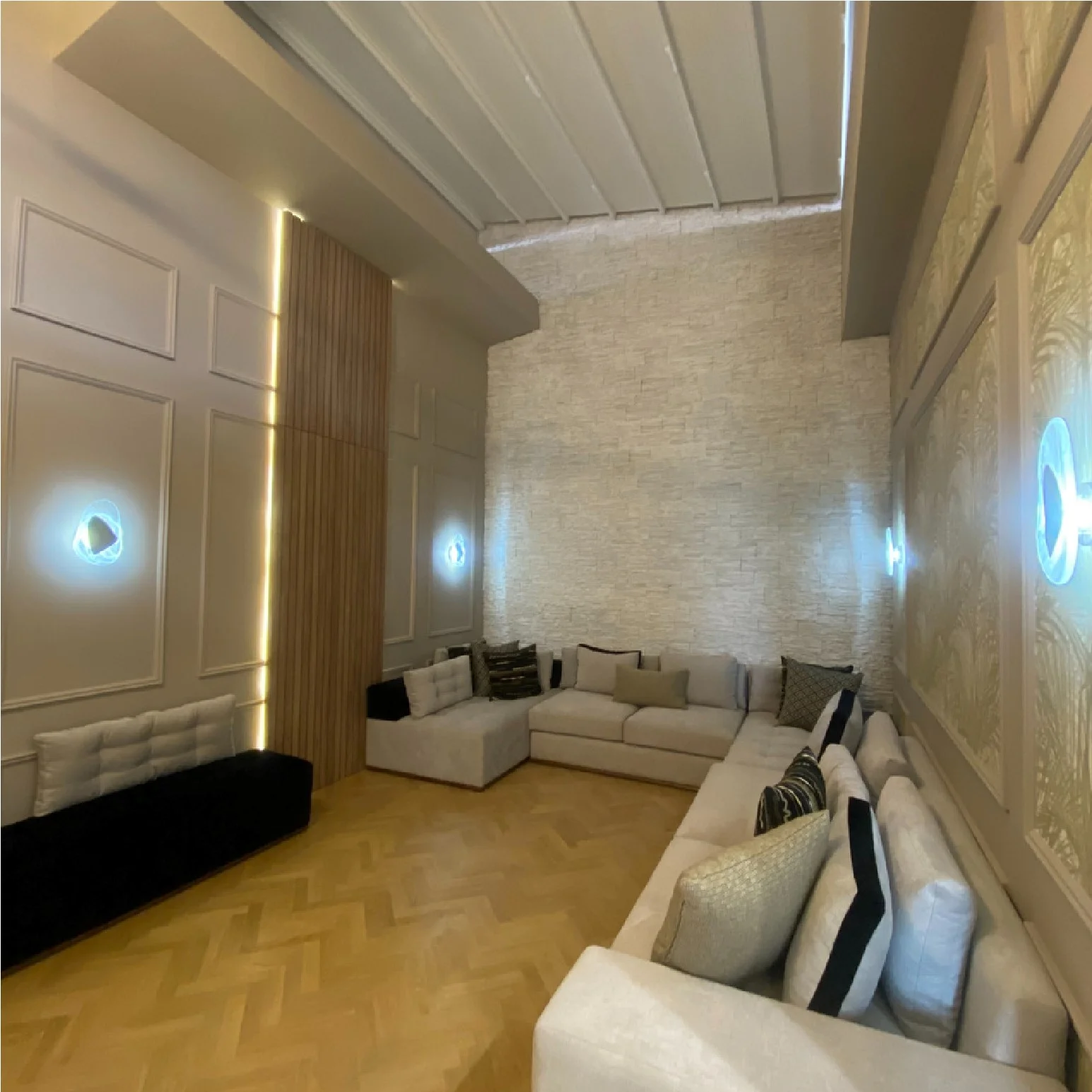 Crystal chandelier cascading above the traditional lounge