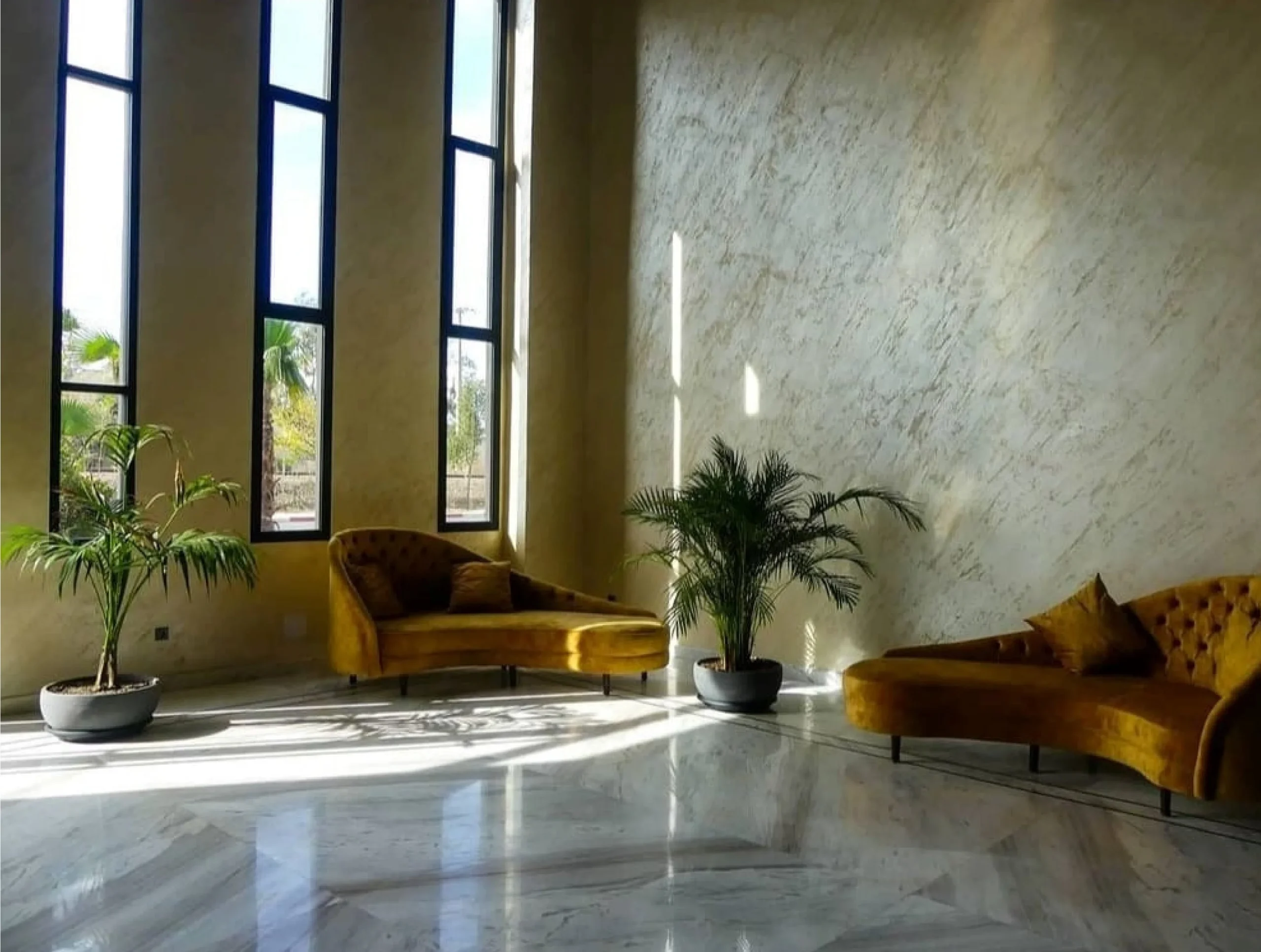 Lobby with soaring ceilings and vertical windows