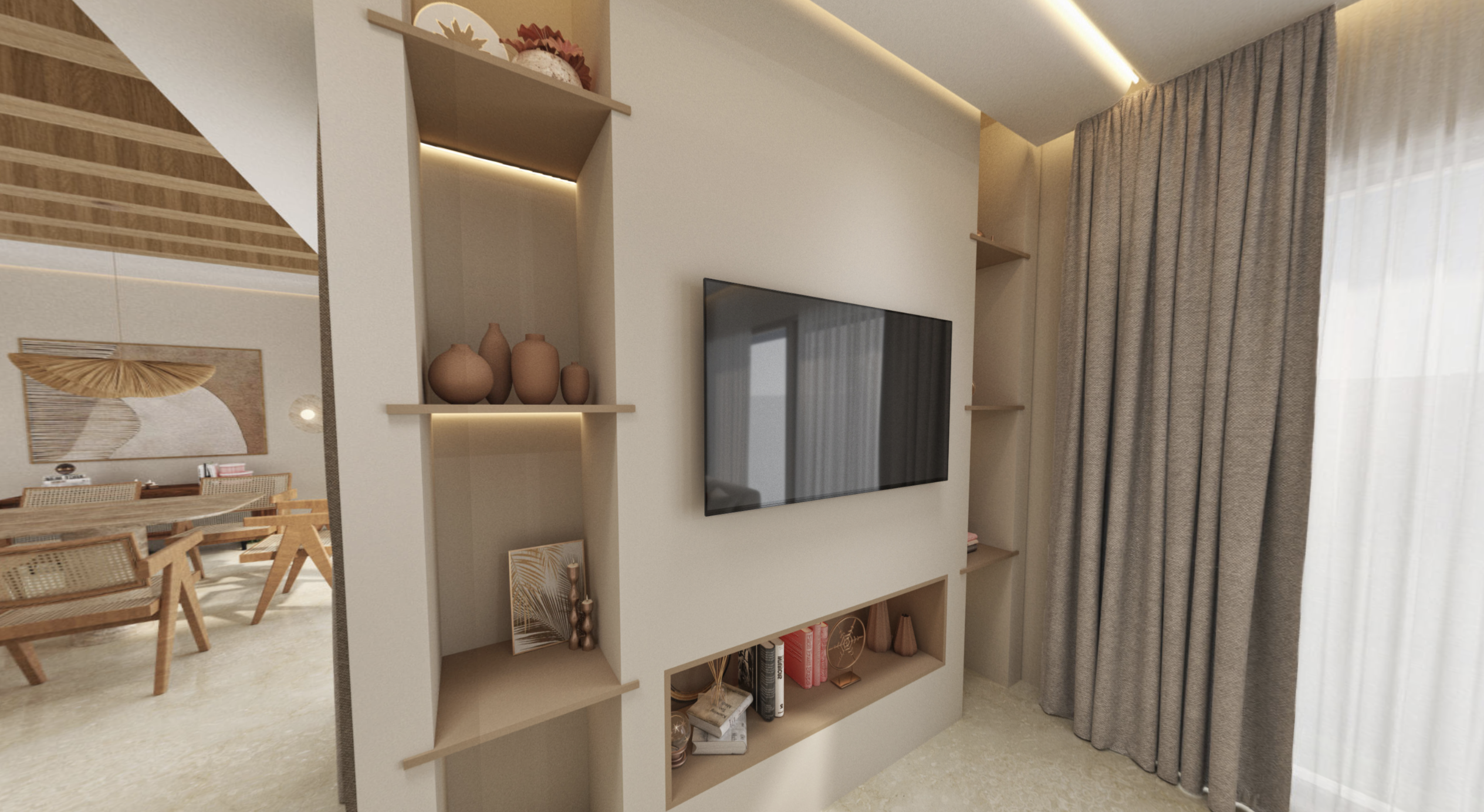 Living room with sea-view terrace and linen curtains