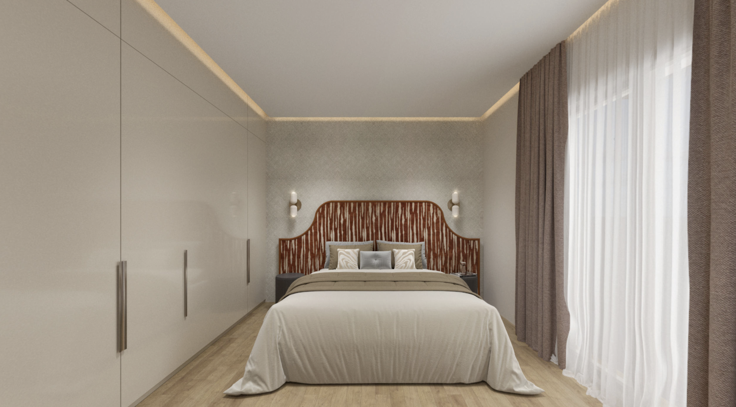 Master bedroom with sea-glass palette and sheer canopy