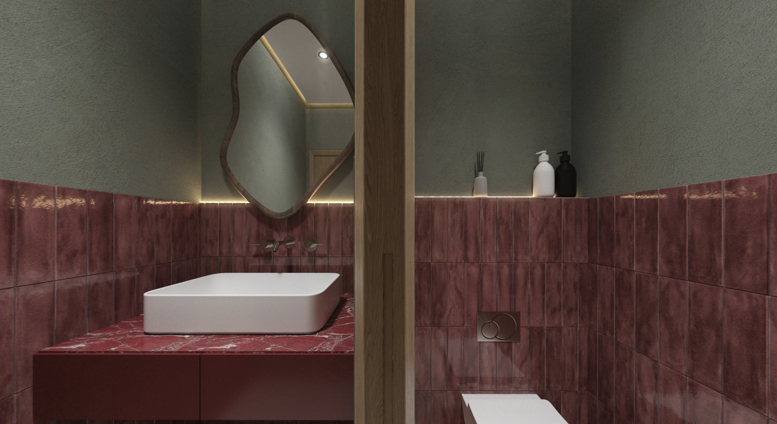 Bathroom with raw plaster walls and driftwood shelving