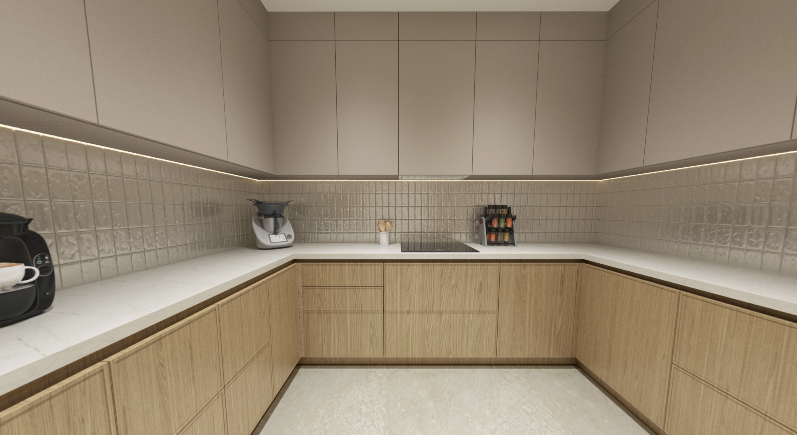 Coastal kitchen with bleached wood and stone counters