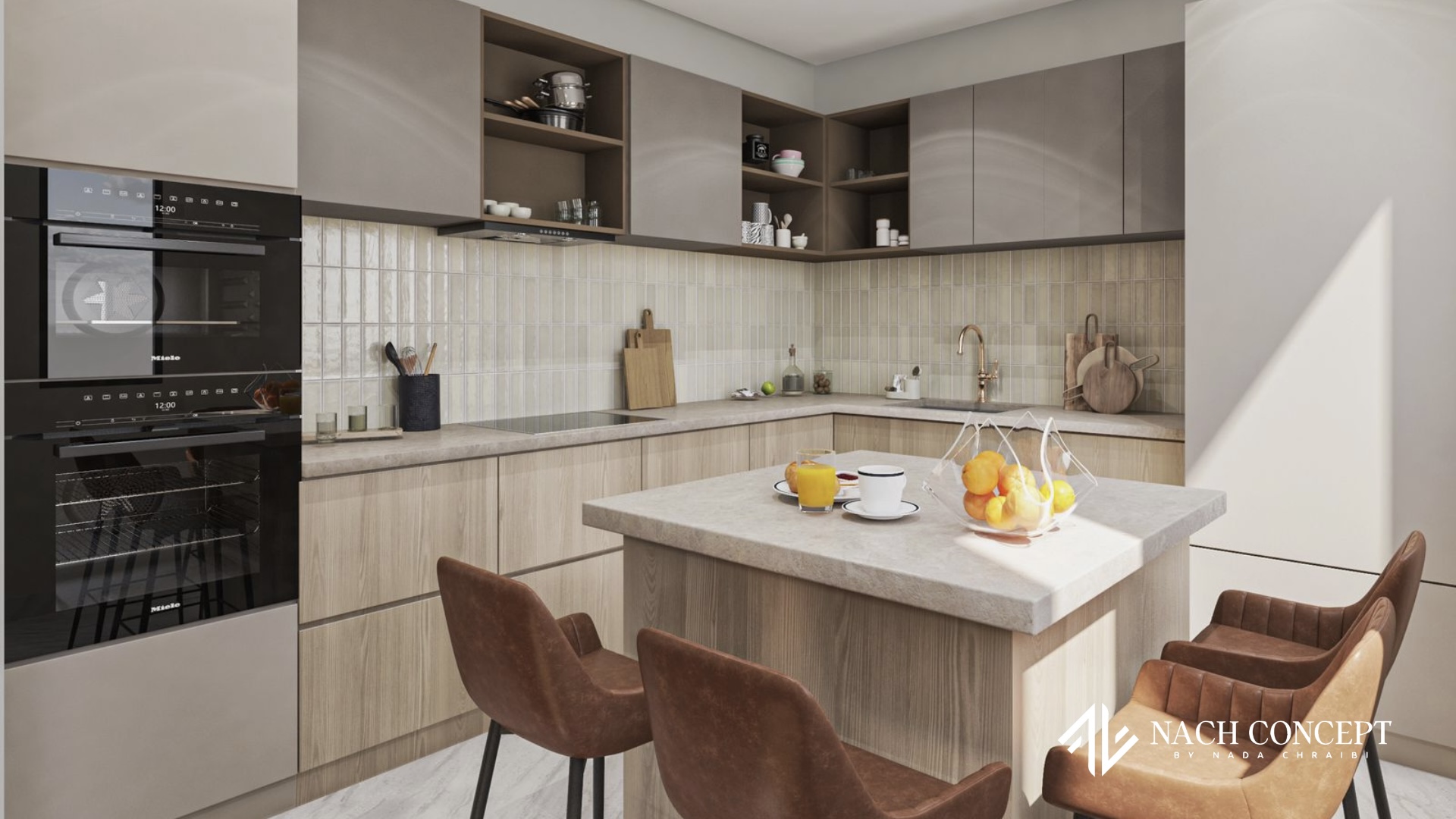 Kitchen with island and leather bar stools